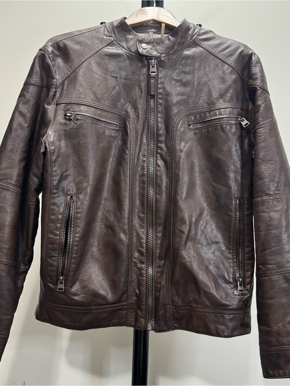 VTG Calvin Klein Leather Bomber Jacket Men's Medium Brown Insulated Lined Biker